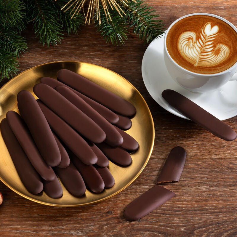 Bonette chocolat noir-noisettes : un onctueux chocolat recouvre un fin praliné, langues de chat chocolat Photo 2