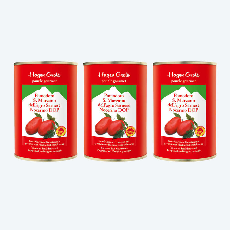 6 boîtes : tomates pelées San Marzano, considérées comme les tomates les plus aromatiques du monde