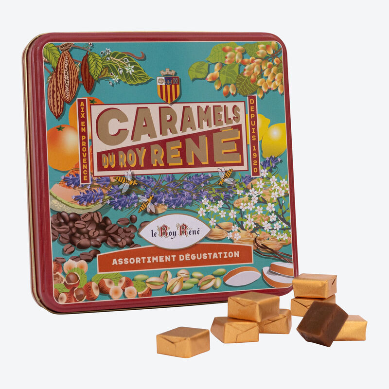 Assortiment de fins caramels tendres de Provence dans une jolie boîte métal, caramels mous, fudge, bonbons caramel