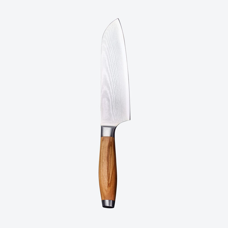 Grand couteau Santoku damas avec manche en bois d'olivier noble : répond aux exigences les plus élevées