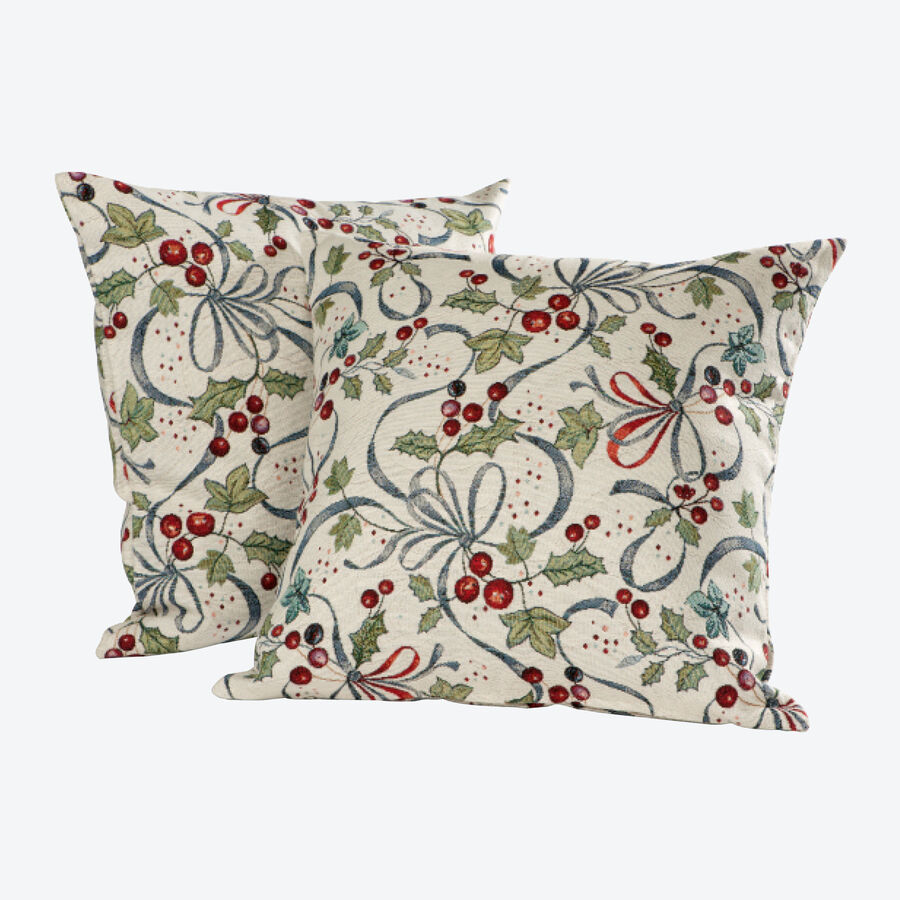 Housse de coussin : tissage Gobelin pour un linge de table enchanteur aux motifs hivernaux de baies, feuilles et rubans