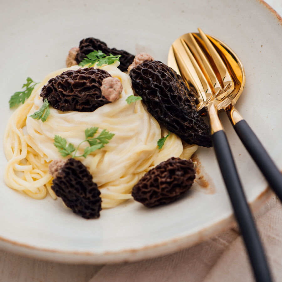 Morilles farcies avec taglierini, sauce aux morilles et  la crme