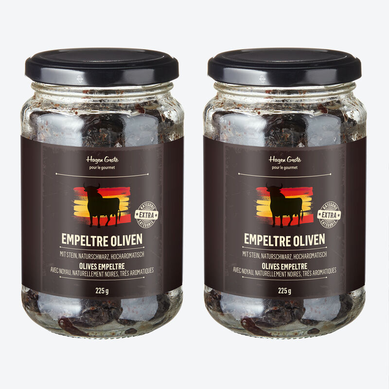 Olives Empeltre - Produit fin : olives naturellement noires, très aromatiques, 2 verres 