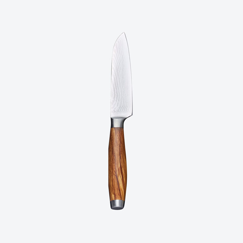 Petit couteau Santoku damas avec manche en bois d'olivier noble : répond aux exigences les plus élevées