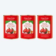 6 boîtes : tomates pelées \;San Marzano, considérées comme les tomates les plus aromatiques du monde