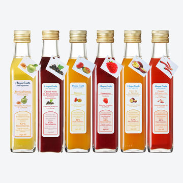 Image du produit pour 'Lot de 6 vinaigres  la pulpe de fruit : cassis, framboise, fruit de la passion, piment d'Espelette, mangue, pomme-miel'