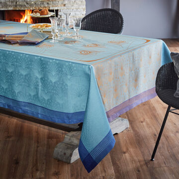 Image du produit pour 'Nappe  - Linge de table Art dco en lin, Jacquard Franais, motif plumes de paon'