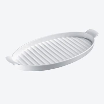 Image du produit pour 'Plat en porcelaine  fond rainur pour servir asperges, poisson & lgumes'