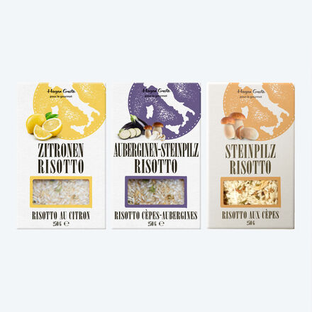 Image du produit pour 'Risottos fins avec du riz Carnaroli du Pimont de premire qualit - Aubergines & Cpes, Citron, Cpes'