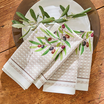 Image du produit pour 'Serviettes : linge de table mditerranen au motif d'olives avec traitement anti-taches'