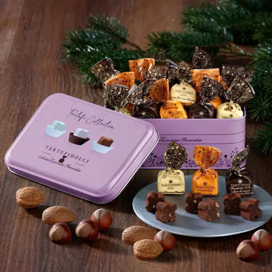 Italienische Tartufi-Pralinenmischung in dekorativer Dose, cremig-schokoladige Trüffel mit Haselnüssen und Kakao bestäubt