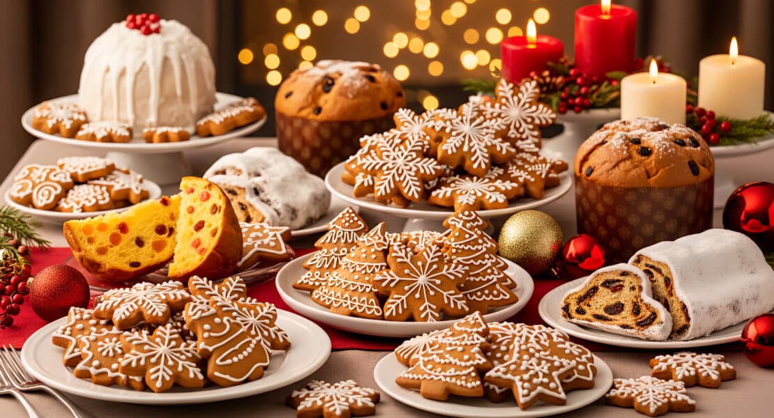Weihnachtsplätzchen in Schneeflocken- und Tannenbaumform mit Zuckerguss, Panettone und Stollen auf festlicher Tafel
